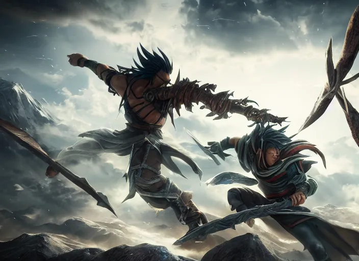 Image similar to nightbringer yasuo battling with dawnbringer riven, ultra realistic 4 k unreal engine very cinematic render with ray tracing bloom ambient occlusion strong reflections depth of field fog