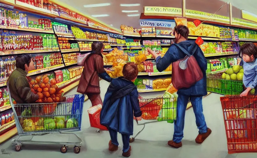 Image similar to monkeys in a supermarket buying groceries, hyperrealism oil painting, award - winning, artstation,