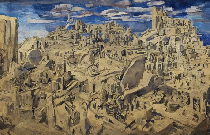 Prompt: an epic painting by akseli gallen - kallela of a massive city constructed of ancient stone of impossible architecture floating in the astral plane