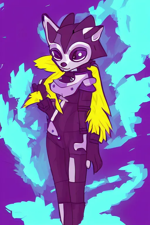 Prompt: a cute cyberpunk anthropomorphic fox with purple fur and yellow eyes and a fluffy tail, comic art, trending on furaffinity, cartoon, kawaii, backlighting, furry art!!!, cel shading, concept art, lineless
