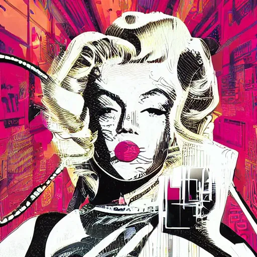 Image similar to Illustrated by Shepard Fairey and H.R. Geiger | Cyberpunk Marilyn Monroe with VR helmet, surrounded by cables