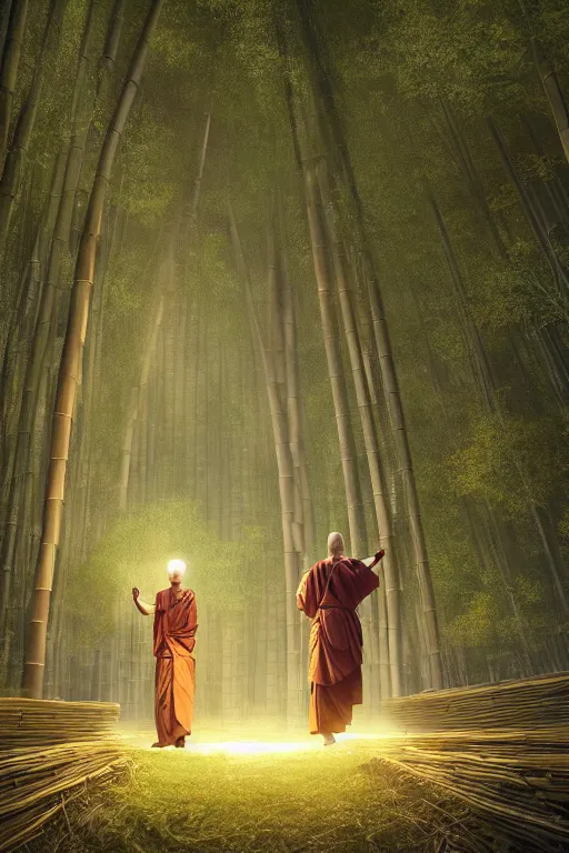 Prompt: mendicant monks of the fuke school of zen buddhism wearing a straw basket on his head in a mysterious japanese bamboo forest with light shafts, atmospheric lighting, by greg rutkowski, ultra realistic, concept art, intricate details, highly detailed, photorealistic, octane render, 8 k, unreal engine