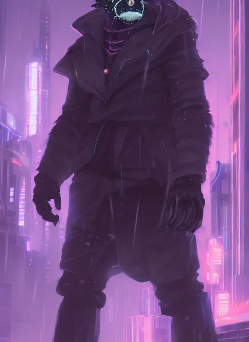 Image similar to beautiful portrait commission of a male furry anthro hyena fursona wearing cyberpunk jedi robes in a cyberpunk city at night in the rain. character design by charlie bowater, ross tran, artgerm, and makoto shinkai, detailed, inked, western comic book art