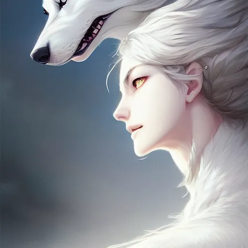 Image similar to girl facing a giant white wolf, manga cover, intricate, elegant, highly detailed, digital painting, artstation, concept art, smooth, sharp focus, illustration, sharp focus, illustration, highly detailed, concept art, matte, trending on artstation, anime, art by wlop and artgerm and greg rutkowski, h 6 4 0