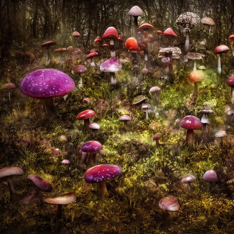 Prompt: a planet of various fungus like trees, mushrooms, flowers and plants, artistic photography, muted colors, conceptual, long exposure outside the city, volumetric light