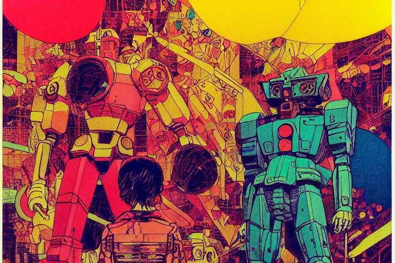 Image similar to risograph grainy drawing vintage sci - fi, satoshi kon color palette, gigantic gundam, covered with exotic flora, 1 9 8 0, kodachrome, natural colors, comicbook spreadsheet, codex seraphinianus painting by moebius and satoshi kon and dirk dzimirsky close - up portrait