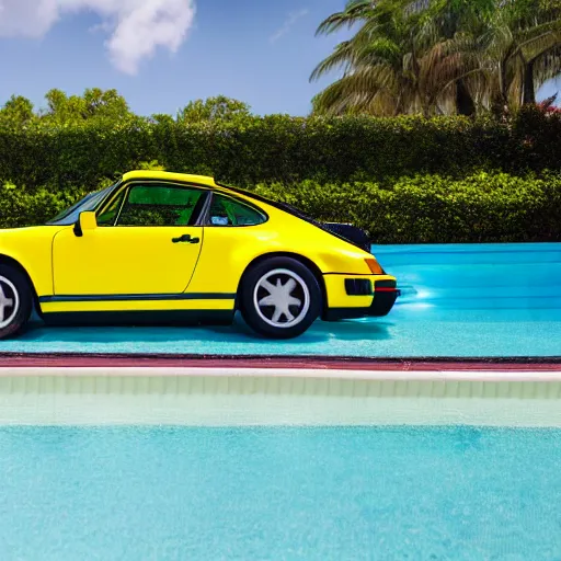 Prompt: a yellow 1 9 8 5 porsche 9 1 1 turbo in a palm beach swimming pool, hyperreal, 4 k