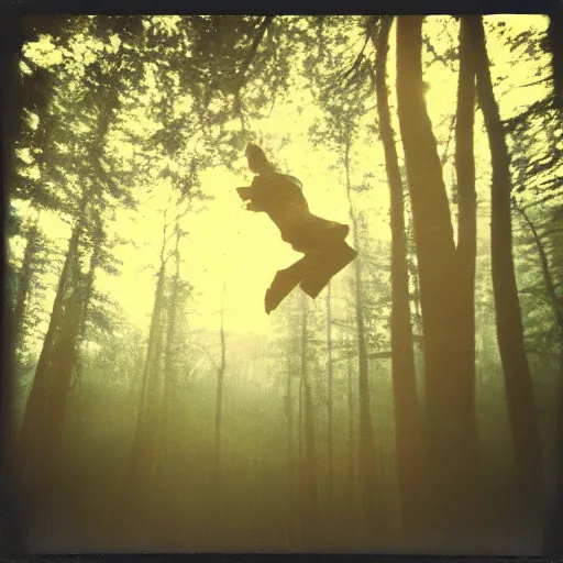 Prompt: eerie polaroid of a man floating above the forest at dusk