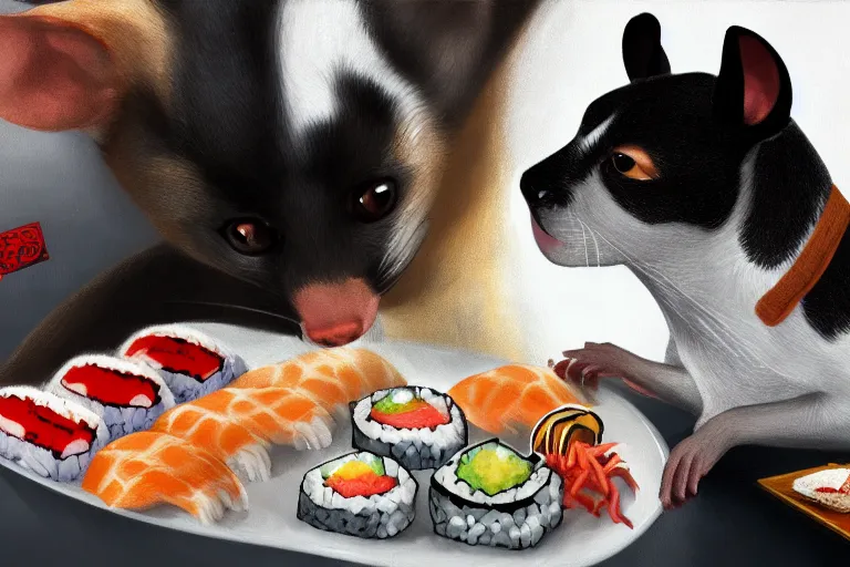 Prompt: a rat terrier dog sushi chef serving two gray cats at a sushi bar digital painting, trending on artstation, 4 k wallpaper