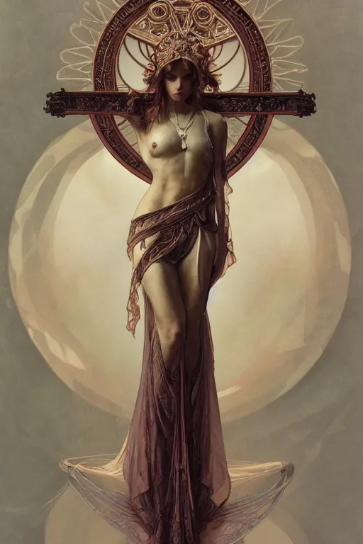 Image similar to a full body portrait of a beautiful ethereal delicate mage queen meditative sacral pose catholic stages of the cross, intricate, elegant, highly detailed, digital painting, artstation, concept art, smooth, sharp focus, illustration, art by krenz cushart and artem demura and alphonse mucha