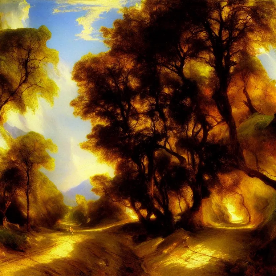 Prompt: artwork titled'the road ', painted by thomas moran.