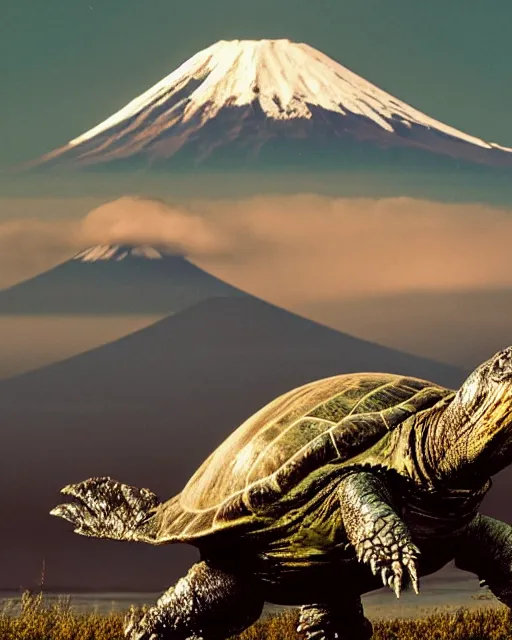 Image similar to full body photos of Gamera, the giant Turtle kaiju monster with Mount Fuji in the background, cinematic style, atmospheric, Japan, hyperreal