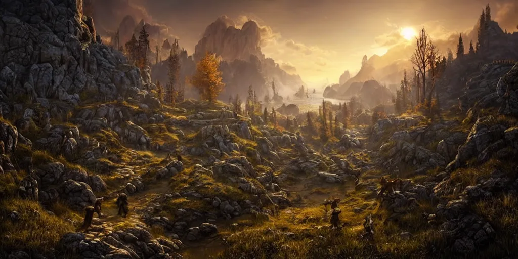 Image similar to the elder scrolls vi, outside of dwemer ruin in the mountain, atmospheric lighting, painted, intricate, volumetric lighting, beautiful, daytime, sunny weather, slight overcast, golden hour, sharp focus, deep colours, ultra detailed, by leesha hannigan, ross tran, thierry doizon, kai carpenter, ignacio fernandez rios