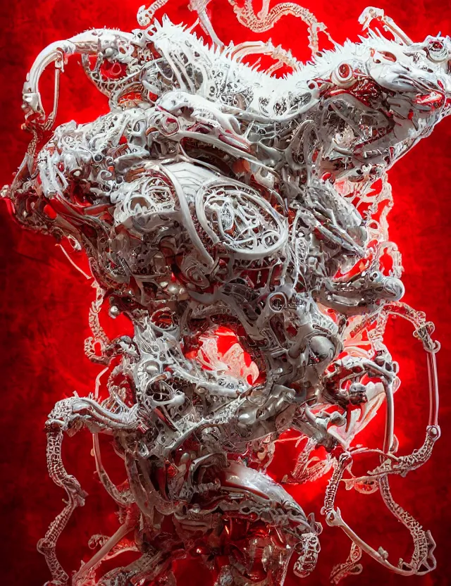 Image similar to legendary white dragon, red biomechanical details, wearing epic bionic cyborg implants, inflateble shapes, wires, tubes, red veins, jellyfish, masterpiece, intricate, biopunk, highly detailed, artstation, concept art, cottage core, cinematic focus, polaroid photo, bleached, vintage, high - key lighting, soft lights, foggy, by tarkovsky, 8 k