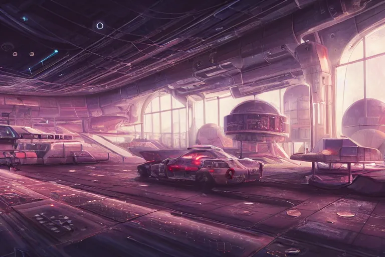 Image similar to Ultra realistic illustration, a run down battered spaceport in the outskirts of Tavlos city, a refuelling station filling up an old transporter waiting to take off, soft neon lights, fuelling cables on the floor, cyberpunk, sci-fi, fantasy, intricate, elegant, highly detailed, digital painting, artstation, concept art, smooth, sharp focus, illustration, dramatic lighting, art by Syd Mead and Giger