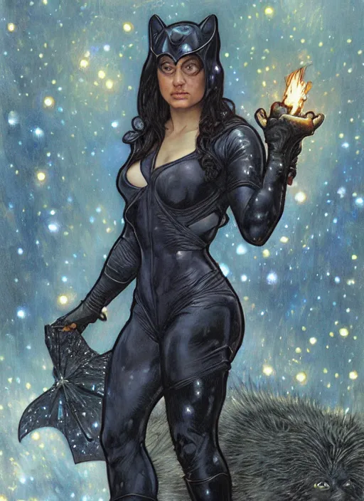 Image similar to epic muscled Mila Kunis as Catwoman walking out of a deep dark cave, puffy warm wooly clothing,stormy snowy winter, blue fireflies, nebula background, torches, fantasy, intricate, elegant, highly detailed, tasteful art by artgerm and donato giancola and alphonse mucha, WLOP