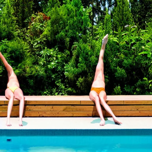 Image similar to womanlegs in the swimming pool with some trees in the garden