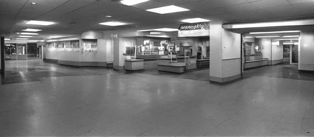 Image similar to circa 2 0 0 2 1 3 mm film photograph of an empty mcdonalds, liminal, dark, flash on, blurry, grainy, unsettling