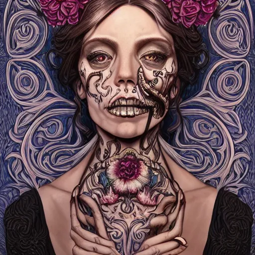 Image similar to a beautiful detailed front view portrait of a corpse woman with ornate growing around morphing into skull, ornamentation, flowers, elegant, beautifully lit, artgerm, joshua middleton comic cover art,
