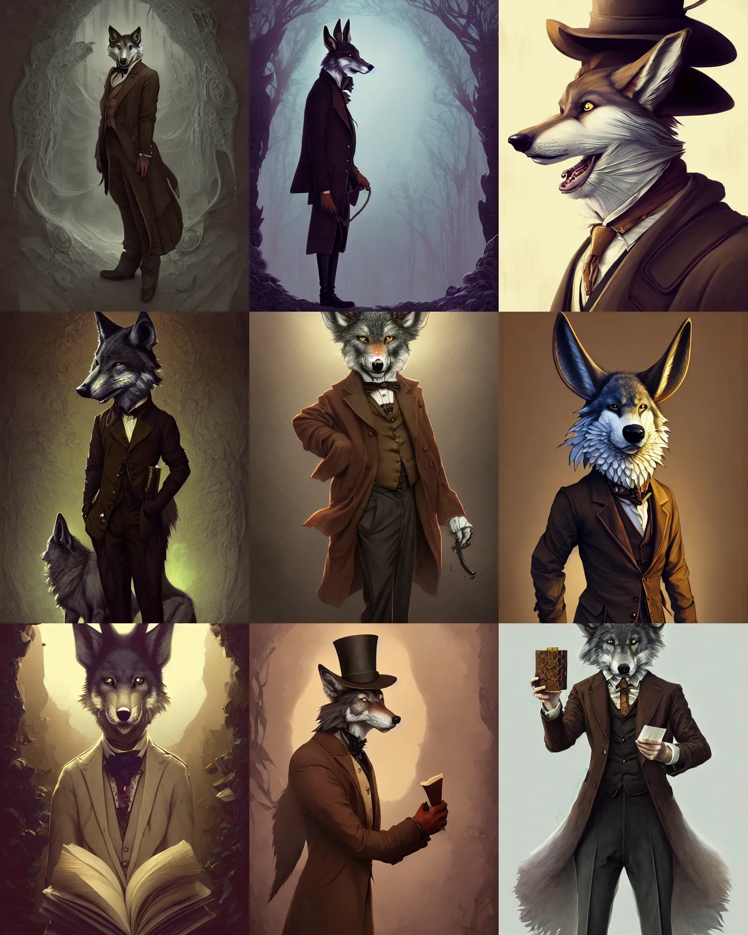 Image similar to anthropomorphic art of a detective wolf, victorian inspired clothing by artgerm, victo ngai, ryohei hase, artstation. fractal papersand books. highly detailed digital painting, smooth, global illumination, fantasy art by greg rutkowsky, karl spitzweg
