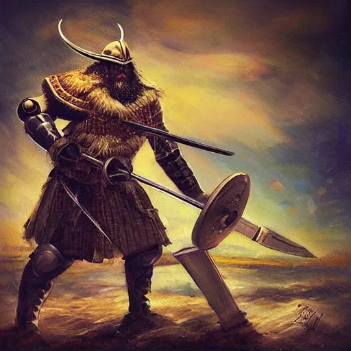 Image similar to “ one viking male is fighting against a robot, high detailed painting ”