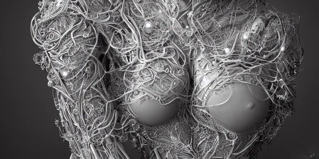 Image similar to hyper realistic photography of a stunningly beautiful cyborg female, plated arm, intimate, chest, holding close, ribbons, in the style of beth cavener, jin kagetsu,, and wlop, highly detailed, intricate filigree, symmetry, masterpiece, award winning, sharp focus, concept art, highkey lighting, ambient lighting, octane render, 8 k, artstation