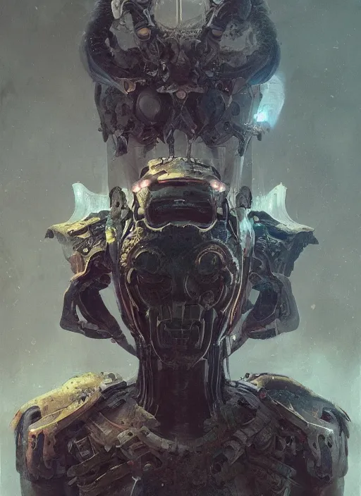 Image similar to portrait of futuristic demon cyborg, painted with thick brush strokes, matte painting, modern fine art, fractal, intricate, elegant, highly detailed, subsurface scattering, by jheronimus bosch and greg rutkowski,