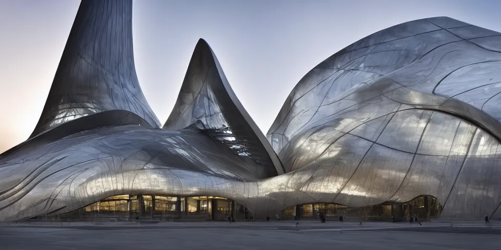 Image similar to extremely elegant smooth detailed stunning sophisticated beautiful elegant futuristic museum exterior by Zaha Hadid, Milan buildings in the background, smooth curvilinear design, stunning volumetric light, stainless steal, concrete, translucent material, beautiful sunset, tail lights