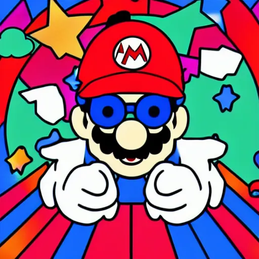 Image similar to svg sticker of a Pop-Wonder SuperMario, Mario-Wearing-a-red-hat, at a rave, spinning records, giant headphones rocking out, wearing headphones, huge speakers, dancing, rave, DJ, spinning records, digital art, amazing composition, rule-of-thirds, award-winning, trending on artstation, featured on deviantart