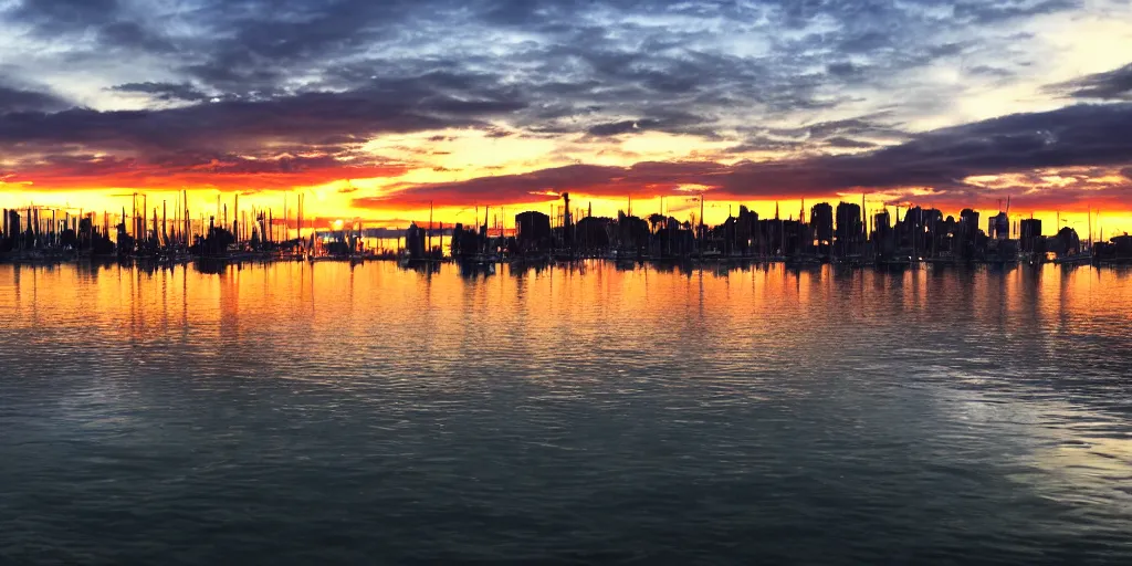 Prompt: vancouver harbour with a glorious sunset. professional photography