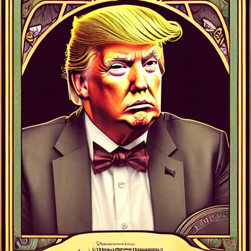 Prompt: full portrait of donald trump as mayor humdinger, fantasy, d & d, intricate, detailed, by by alphonse mucha, adolfo hohenstein, alice russell glenny, stanley artgerm lau, greg rutkowski, detailed, trending on artstation, trending on artstation, smooth