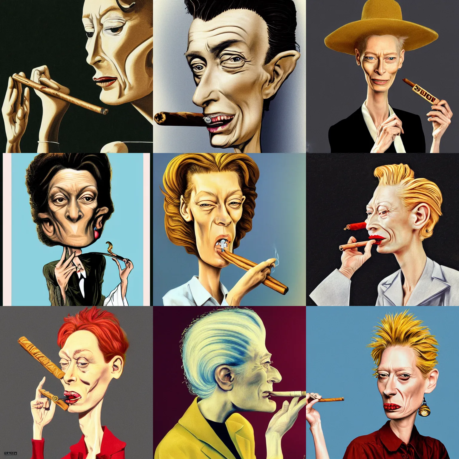 Prompt: caricature of tilda swinton smoking a cuban cigar by salvador dalí, trending on art station, 4K