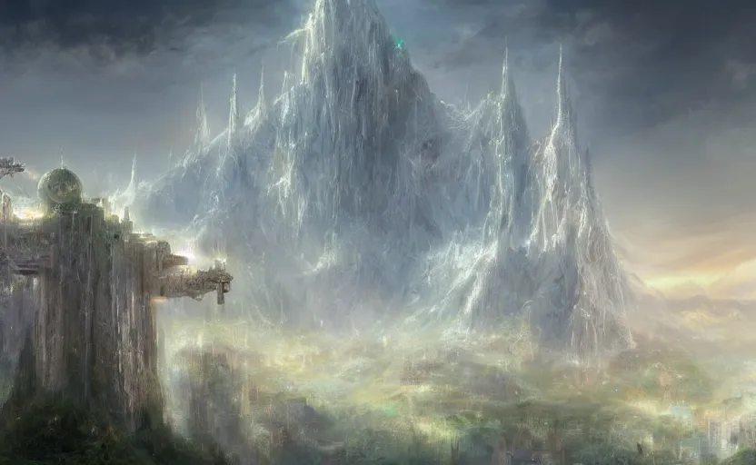 Prompt: mech robot futuristic, beautiful secret city of the elves gondolin on top of a mountain, magical gloomy mystical, under attack. by konstantin razumov, fractal flame, chiaroscuro, highly detailded,