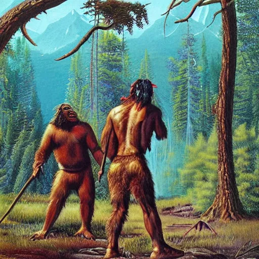 Image similar to sasquatch fighting with aboriginal tribe painting by john glover