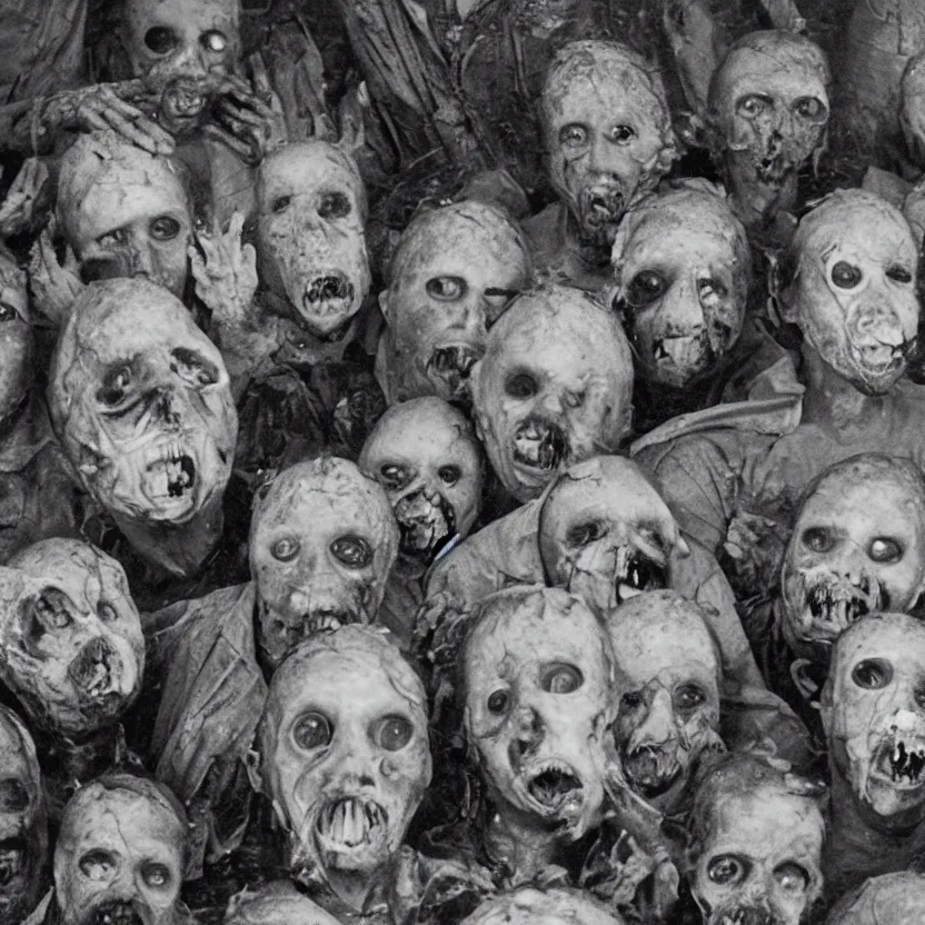 Image similar to group of deformed irradiated people with acute radiation sickness flaking, melting, rotting skin wearing 1950s clothing in a 1950s nuclear wasteland. Group is living in a nuclear reactor. Photo is black and white award winning photo highly detailed, highly in focus, highly life-like, facial closeup taken on Arriflex 35 II, by stanley kubrick