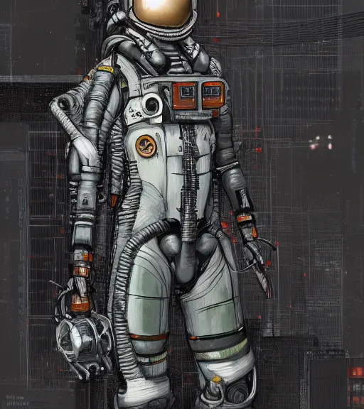 Image similar to realistic cyberpunk engineer with long limbs and a black spacesuit on a spacewalk, techwear, dead space, visible face, Industrial Scifi, detailed illustration, character portrait, by Ashley Wood and Moebius