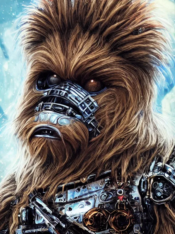 Prompt: portrait art of 8k ultra realistic undead chewbacca , intricate high tech helmet , detailed intricate ornate space suit,decaying, cybernetic, full of colour, cinematic lighting, battered, trending on artstation, 4k, hyperrealistic, focused, extreme details,unreal engine 5, cinematic, masterpiece, art by ayami kojima, giger