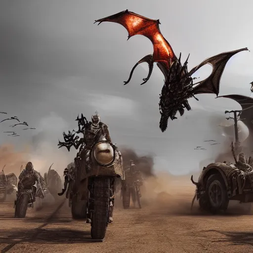 Image similar to warriors on wyverns with steampunk armor flying in a post apocalyptic street inspired by mad max, Oulan-Bator, photorealism 8k , high details