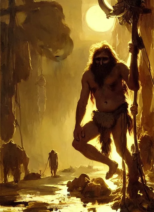 Prompt: male caveman, wires, skulls!! machines, very beautiful lighting, art by anders zorn, wonderful masterpiece by greg rutkowski, cinematic light, american romanticism by greg manchess, creation by tyler edlin