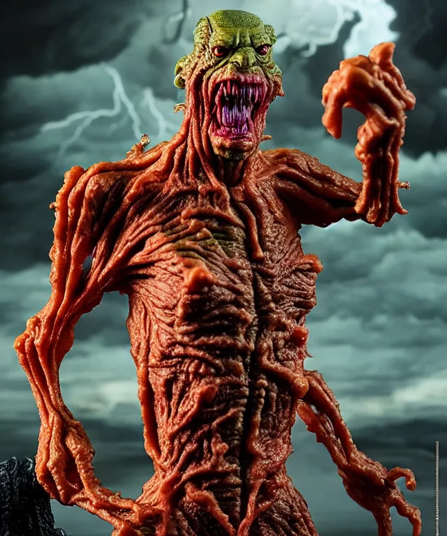 Image similar to hyperrealistic rendering, epic boss battle, cronenberg flesh monster frankenstein, by art of skinner and richard corben, product photography, collectible action figure, sofubi, hottoys, storm clouds, outside, lightning