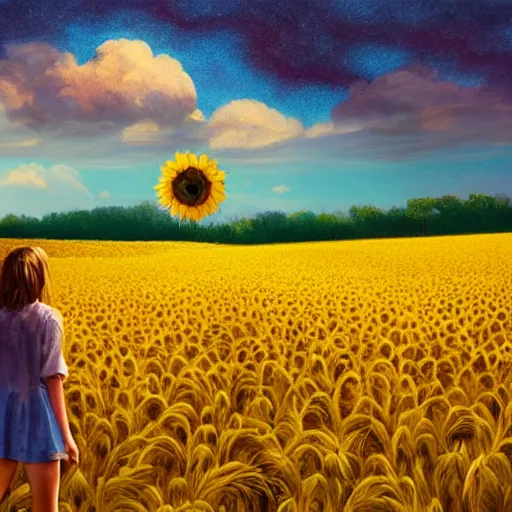 Image similar to huge sunflower head, girl walking in wheat field, hills, surreal photography, dark night, star trails, dramatic light, impressionist painting, clouds, digital painting, artstation, simon stalenhag