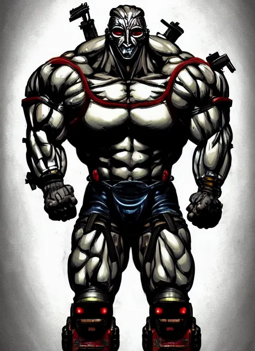 Image similar to Full body portrait of an extremely muscular, very buff, huge mutant man with a creepy cybernetic mask. He Is wearing only a loincloth. In style of Yoji Shinkawa and Hyung-tae Kim, trending on ArtStation, dark fantasy, great composition, concept art, highly detailed. Colourful.