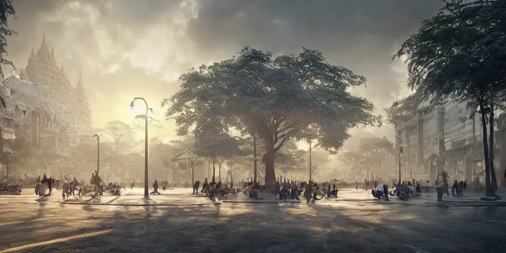 Prompt: A hyperrealistic concept art of a very beautiful thailand winter cityscape, lots of banyan trees and elephant, stunning massive ornately 3d render inspired art by Renato muccillo and Andreas Rocha and Johanna Rupprecht + symmetry + natural volumetric lighting, 8k octane beautifully detailed render, post-processing, highly detailed, intricate complexity, epic composition, magical atmosphere, cinematic lighting + masterpiece, trending on artstation