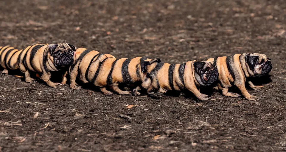 Prompt: specimen photo of a mutant pug centipede, the pug has an elongated shape and one-hundred legs, abomination,