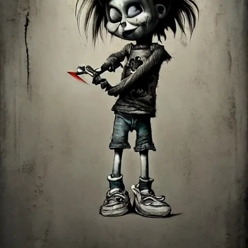 Prompt: grunge cartoon drawing of a cute chucky holding a knife by - michael karcz , in the style of corpse bride, loony toons style, horror themed, detailed, elegant, intricate