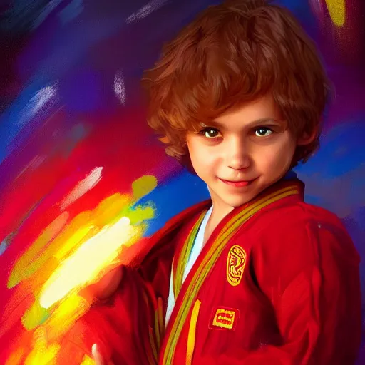 Image similar to colorful and festive captivating young child boy, brown fluffy hair, wearing red and yellow hero suit, playing jokenpo. full body, rich vivid colors, ambient lighting, dynamic lighting, 4 k, atmospheric lighting, painted, intricate, highly detailed by charlie bowater