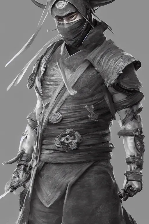 Image similar to a beautiful fullbody portrait of a cute male ninja by fenghua zhong. artstation, pinterest, ambient occlusion, volumetric light, digital art, highly detailed, fine detail, complex fantasy character, rendered in octane