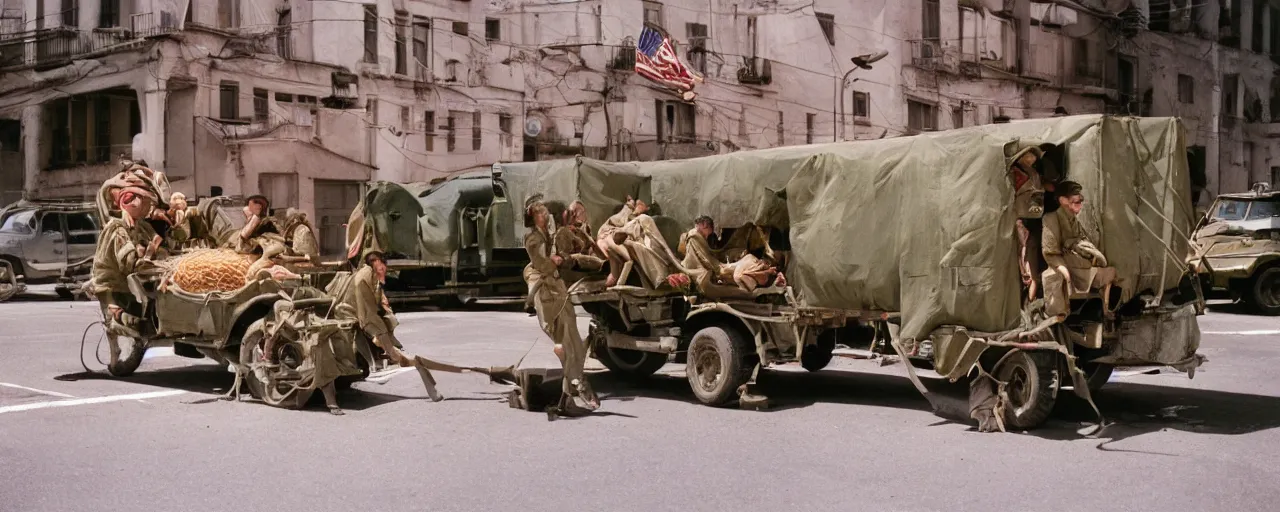 Image similar to transporting spaghetti, world war 2, u. s. army, canon 5 0 mm, kodachrome, in the style of wes anderson, retro