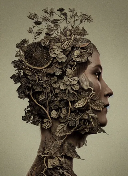 Image similar to a woman's face in profile, made of leaf skeletons, in the style of the Dutch masters and Gregory Crewdson, dark and moody intricate traditional Chinese textures, rococo decorations, hyper detail, Unreal engine,Octane render, by Karol Bak