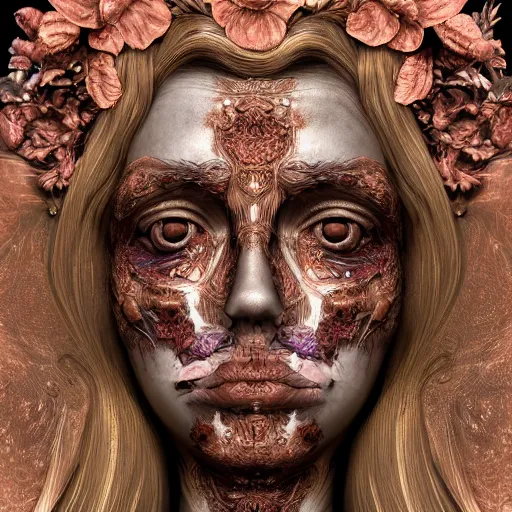 Image similar to beatifull face portrait of a woman, 150 mm, anatomical, flesh, flowers, mandelbrot fractal, facial muscles, veins, arteries, intricate, golden ratio, full frame, microscopic, elegant, highly detailed, ornate, ornament, sculpture, elegant , luxury, beautifully lit, ray trace, unreal, 3d, PBR, in the style of peter Gric , alex grey and Romero Ressendi